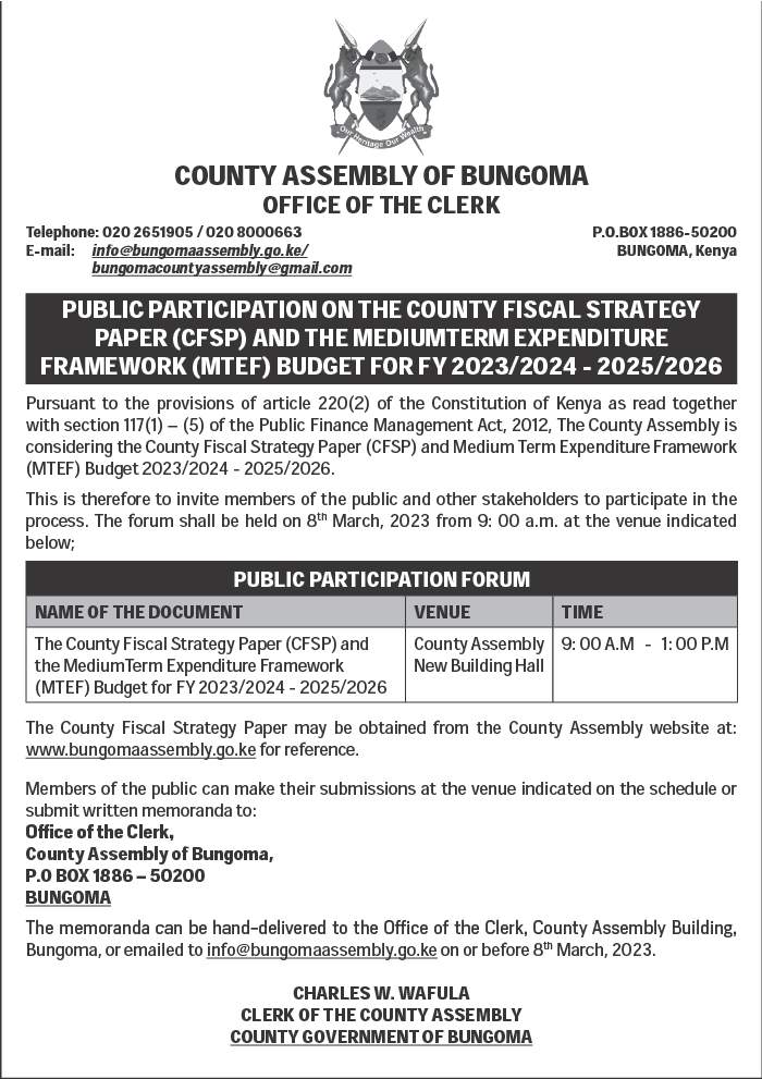 The County Fiscal Strategy Paper (CFSP) and the MediumTerm Expenditure Framework (MTEF) Budget for FY 2023/2024 - 2025/2026