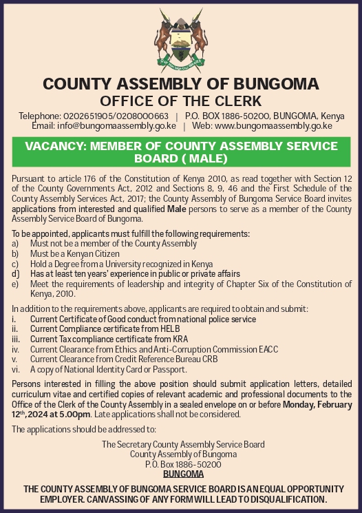 VACANCY: MEMBER OF COUNTY ASSEMBLY SERVICE BOARD ( MALE)