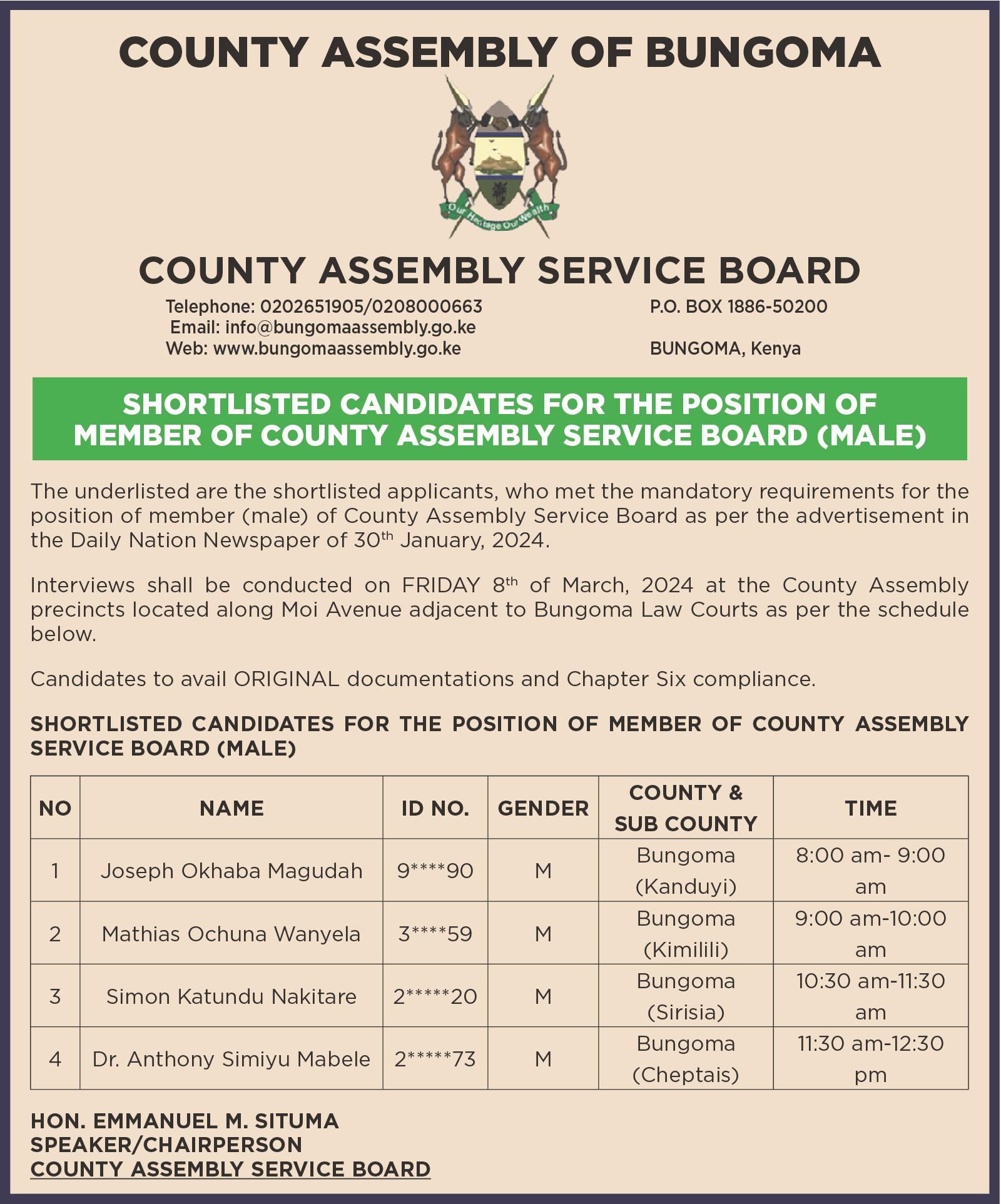 SHORTLISTED CANDIDATES FOR THE POSITION OF MEMBER OF COUNTY ASSEMBLY SERVICE BOARD (MALE)