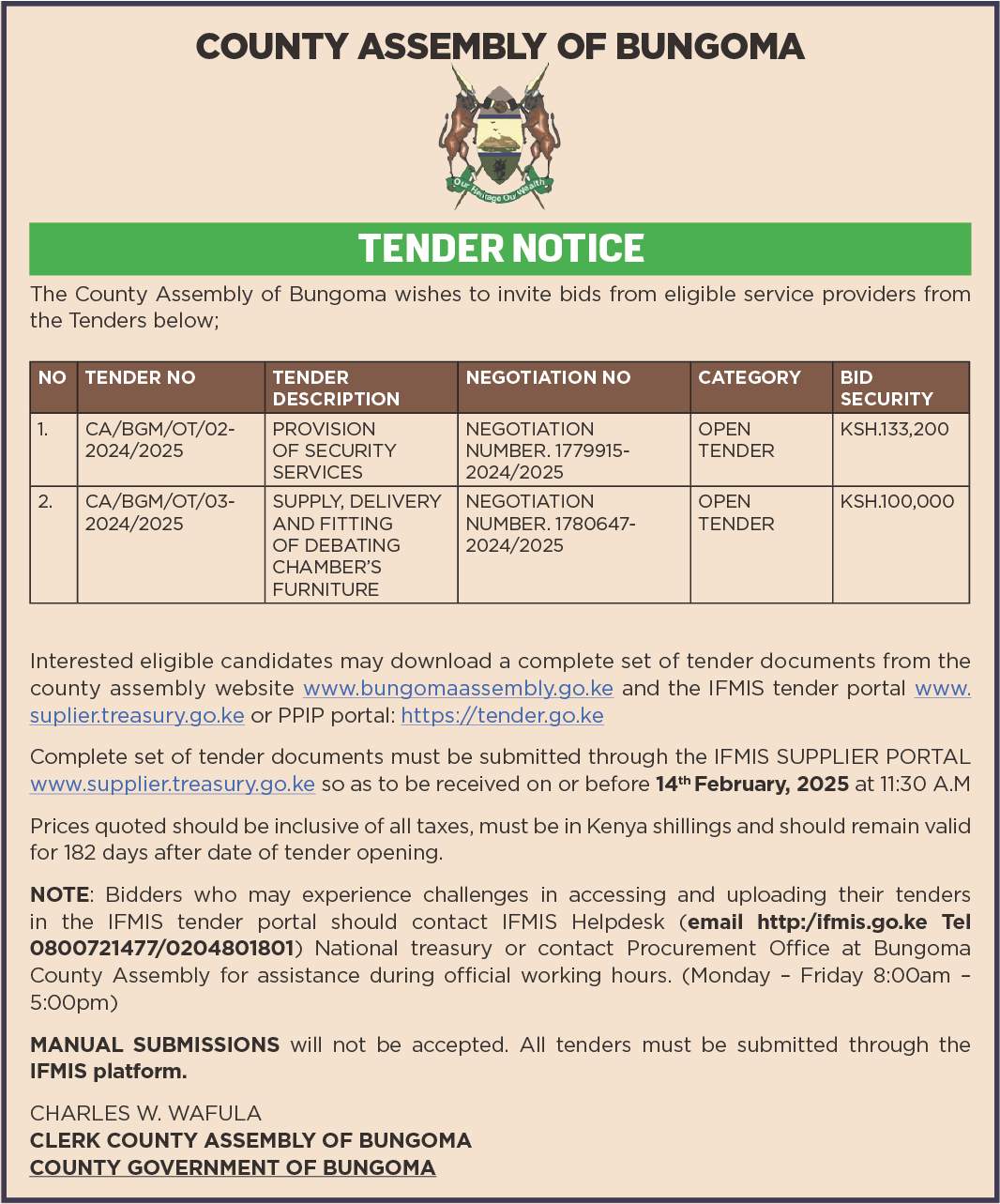 TENDER NOTICE FOR PROVISION OF SECURITY SERVICES & SUPPLY, DELIVERY AND FITTING OF DEBATING CHAMBER’S FURNITURE_0001