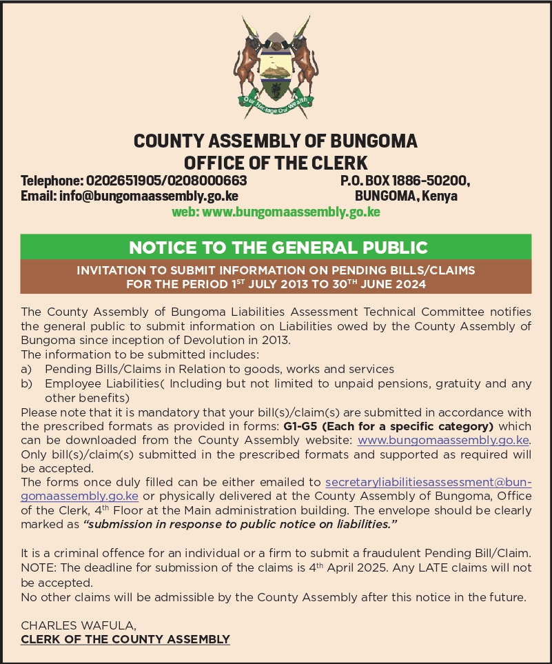 INVITATION TO SUBMIT INFORMATION ON PENDING BILLS,CLAIMS FROM 1ST JULY 2013 TO 30TH JUNE 2024