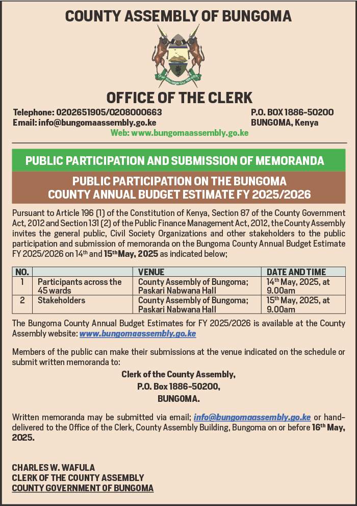PUBLIC PARTICIPATION AND SUBMISSION OF MEMORANDA:PUBLIC PARTICIPATION ON THE BUNGOMA COUNTY ANNUAL BUDGET ESTIMATE FY 2025/2026