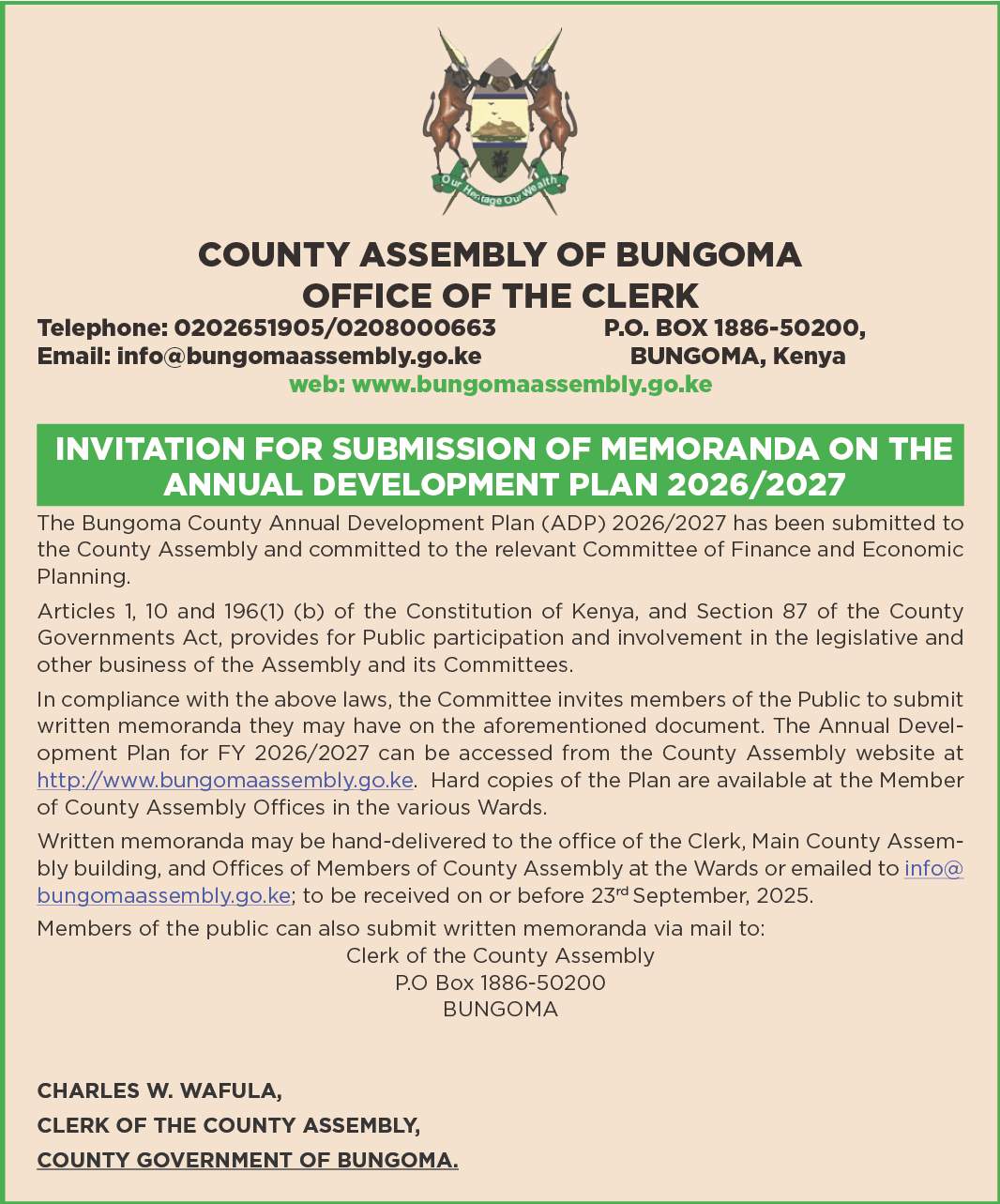 INVITATION FOR SUBMISSION OF MEMORANDA ON THE ANNUAL DEVELOPMENT PLAN 2026/2027