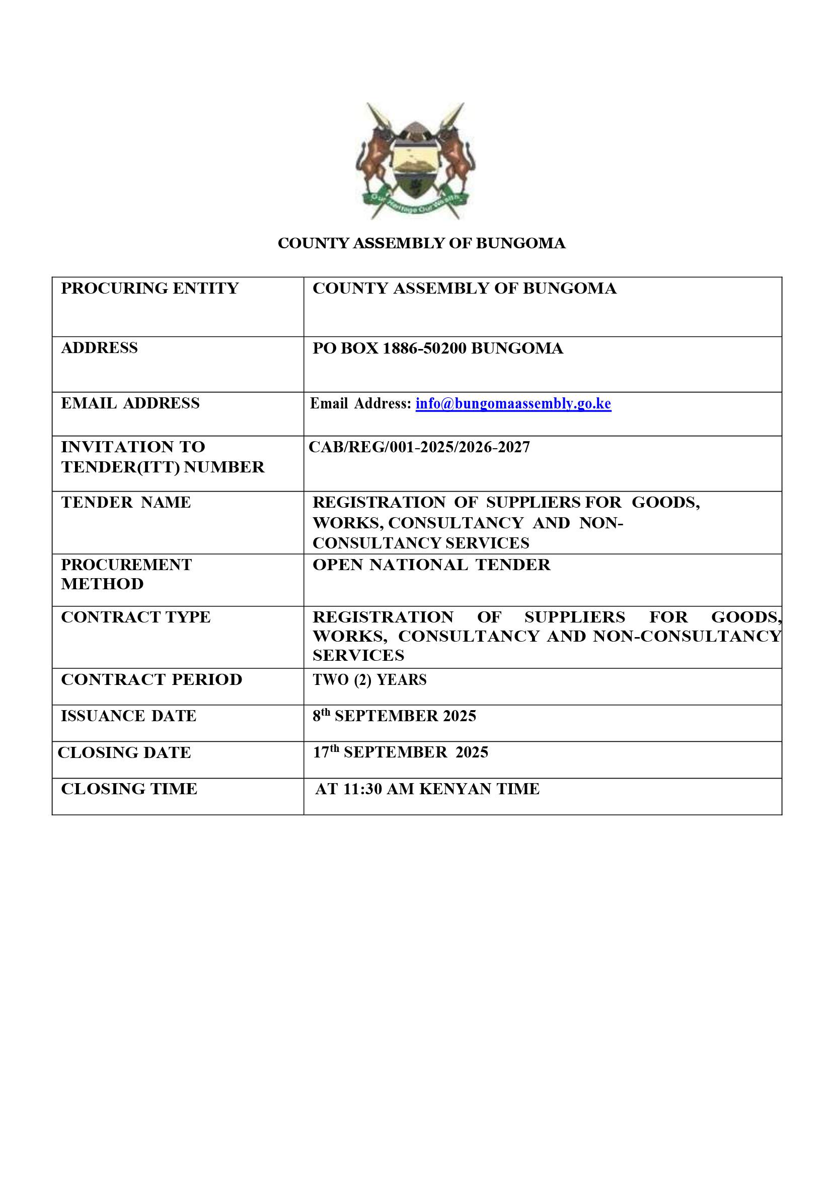 TENDER NO.: CAB/REG/001-2025/2026-2027