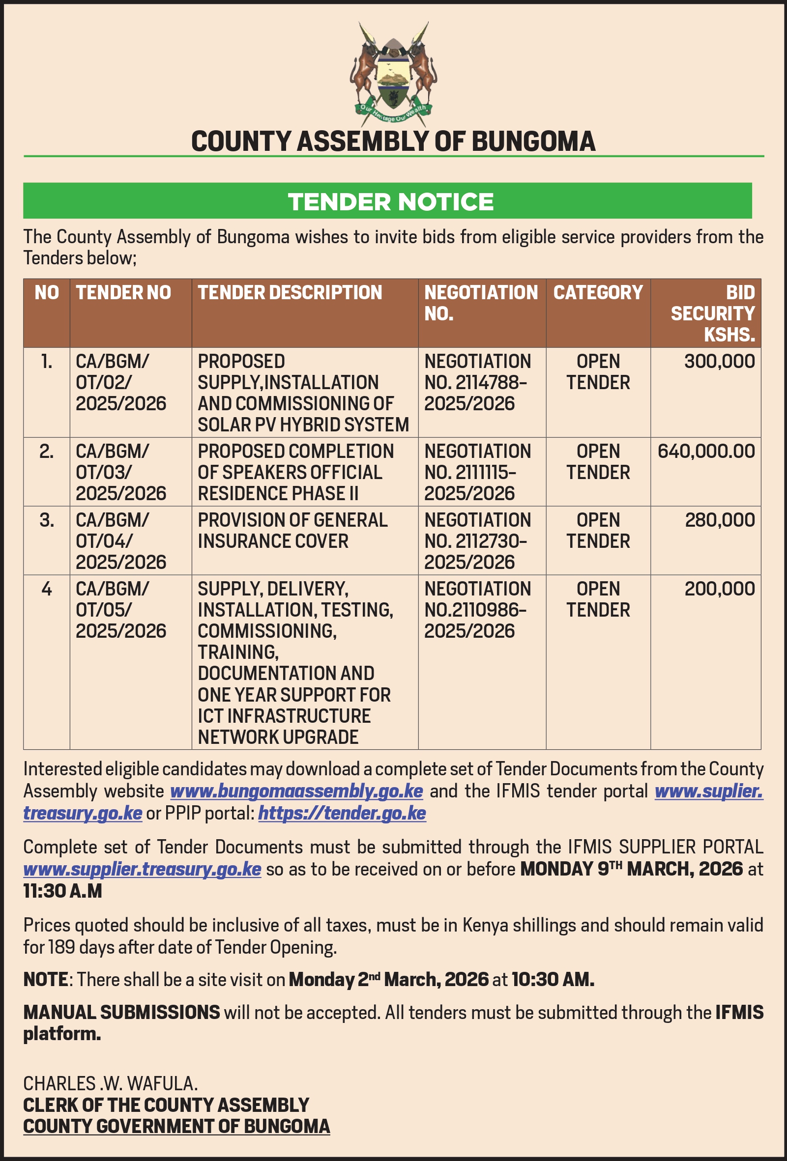 ADVERT - TENDER NOTICE