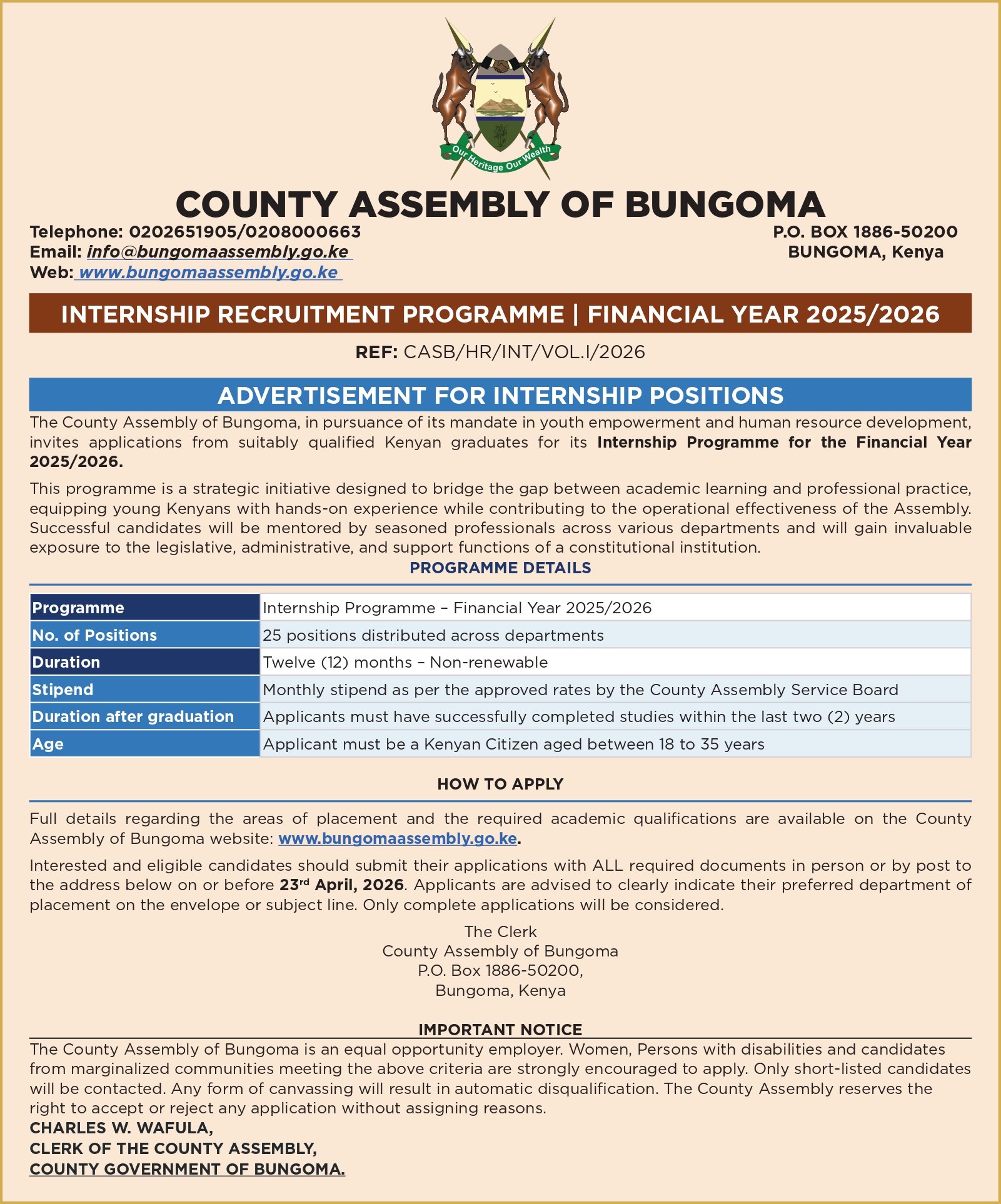 REF: CASB/HR/INT/VOL.I/2026 INTERNSHIP RECRUITMENT PROGRAMME | FINANCIAL YEAR 2025/2026