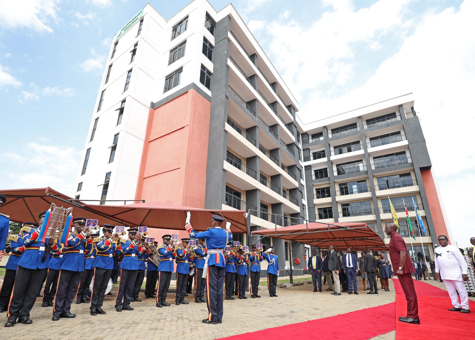 The President being entertained by the Presidential band at the County Assembly of Bungoma
