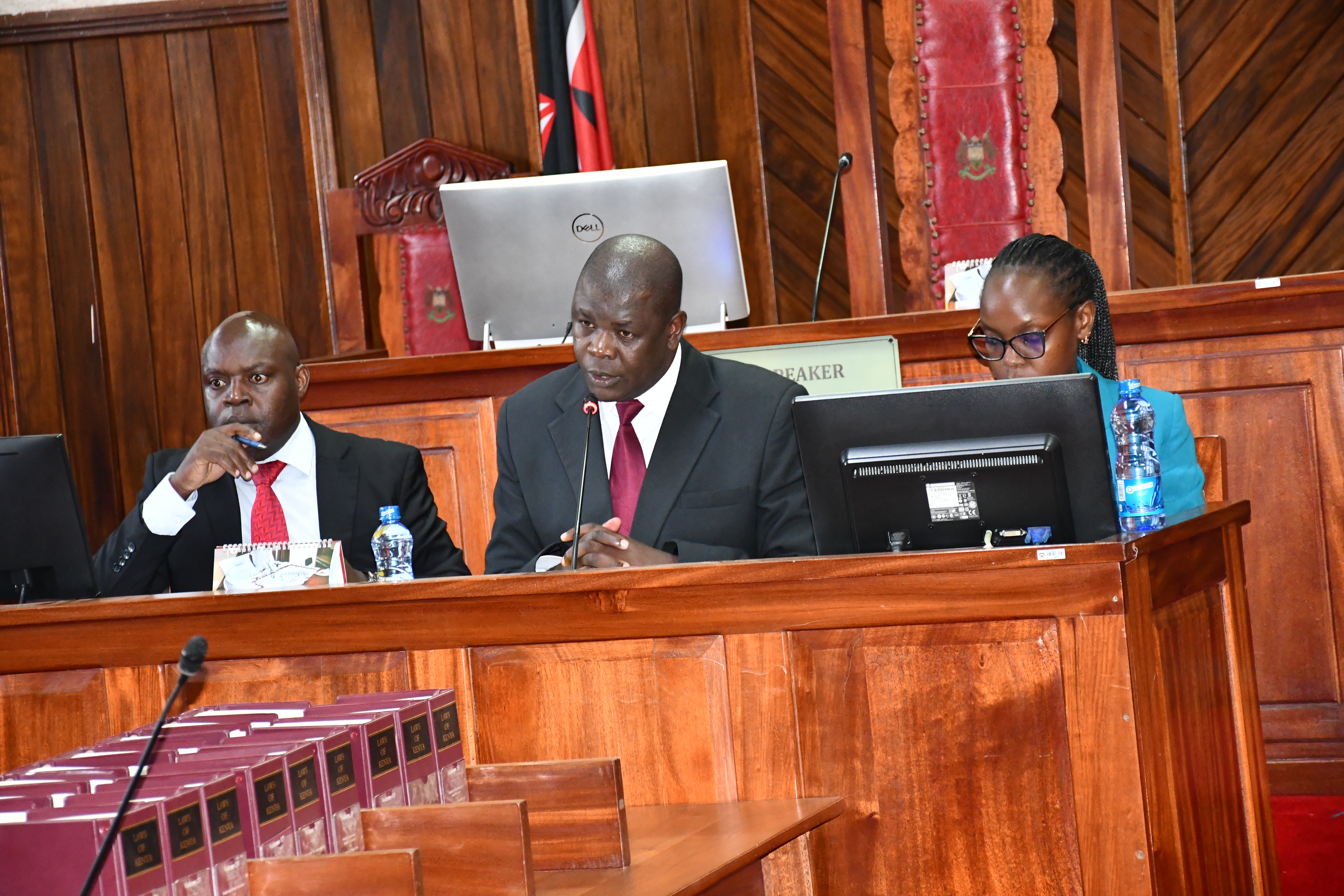 Speaker Hon. Emmanuel Situma, Clerk Mr. Charles W. Wafula and Mrs. Ruth Wanami, during vetting exercise