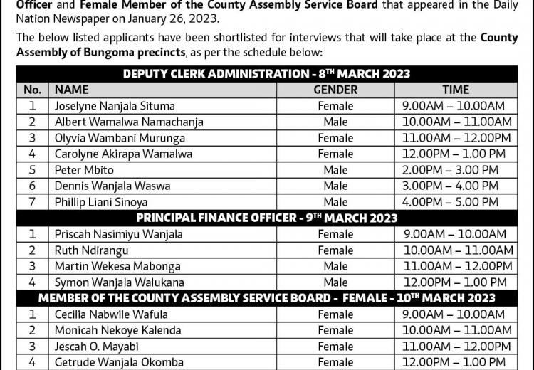 Advertisement for Shortlisting for Positions of Deputy Clerk Administration, Principal Finance Officer and Female Member of the County Assembly Service Board