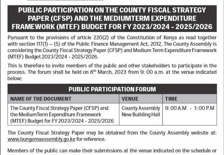 The County Fiscal Strategy Paper (CFSP) and the MediumTerm Expenditure Framework (MTEF) Budget for FY 2023/2024 - 2025/2026