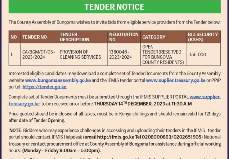 TENDER DOCUMENT FOR PROVISION OF CLEANING SERVICES TENDER NO: CA/BGM/OT/05-2023/2024 NEGOTIATION NO: 1380046-2023/2024 ISSUE DATE: 1ST DECEMBER, 2023 SUBMISSION DEADLINE: 14TH DECEMBER, 2023 TIME: 11.30A.M DECEMBER, 2023