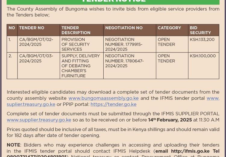 TENDER NOTICE FOR PROVISION OF SECURITY SERVICES & SUPPLY, DELIVERY AND FITTING OF DEBATING CHAMBER’S FURNITURE_0001