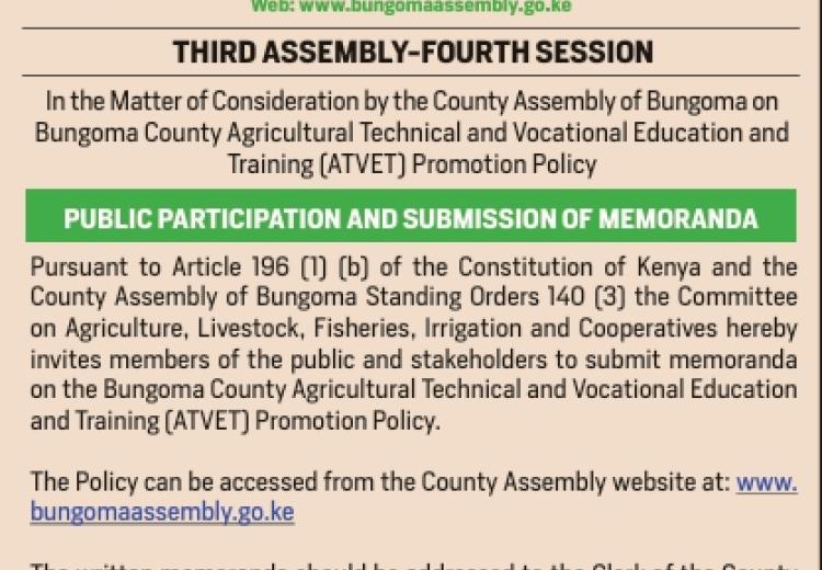 Public Participation on Bungoma County Agricultural Technical and Vocational Education and Training Policy