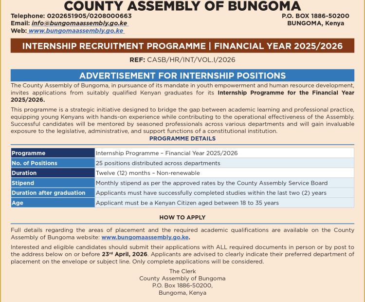 REF: CASB/HR/INT/VOL.I/2026 INTERNSHIP RECRUITMENT PROGRAMME | FINANCIAL YEAR 2025/2026